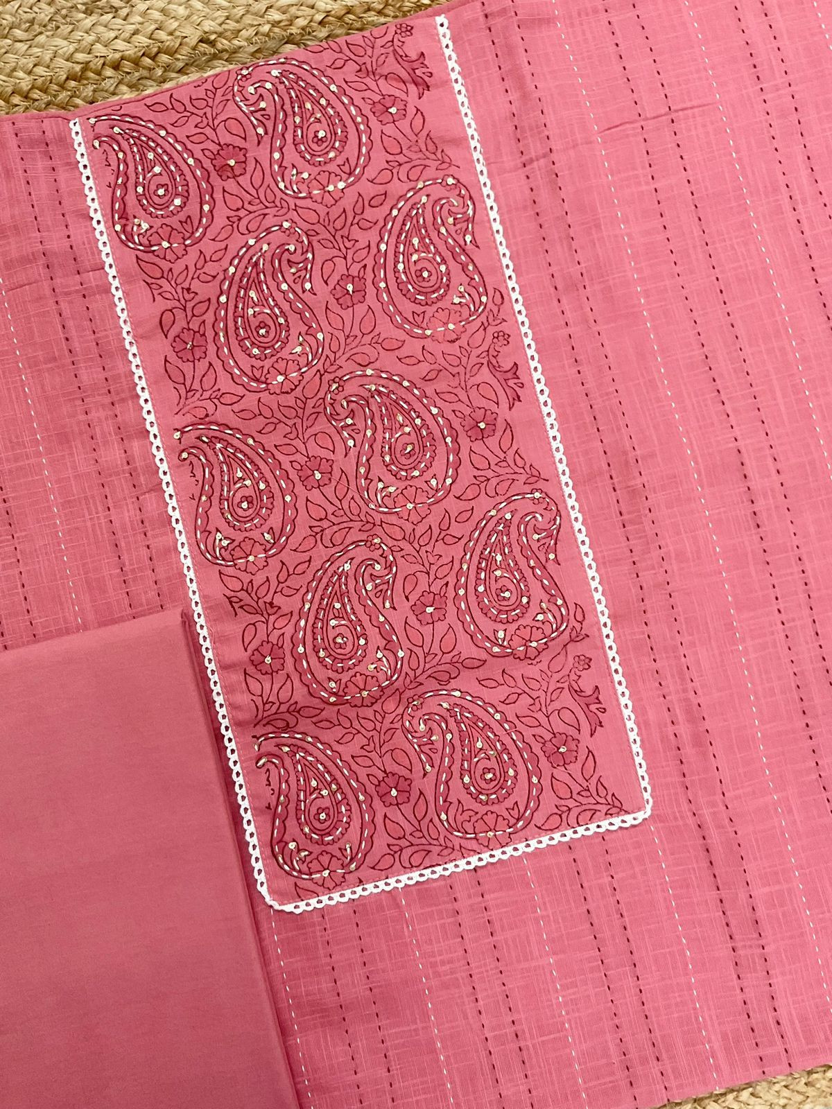 Pure Handloom Cotton Printed Embroidered Suit - Pink