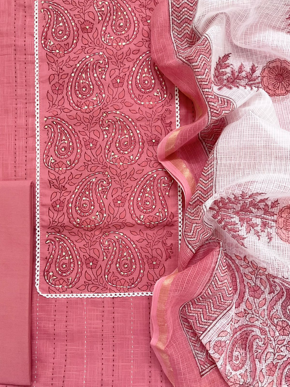 Pure Handloom Cotton Printed Embroidered Suit - Pink
