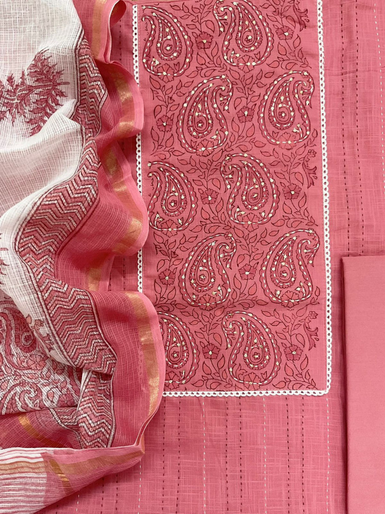 Image of Pure Handloom Cotton Printed Embroidered Suit - Pink