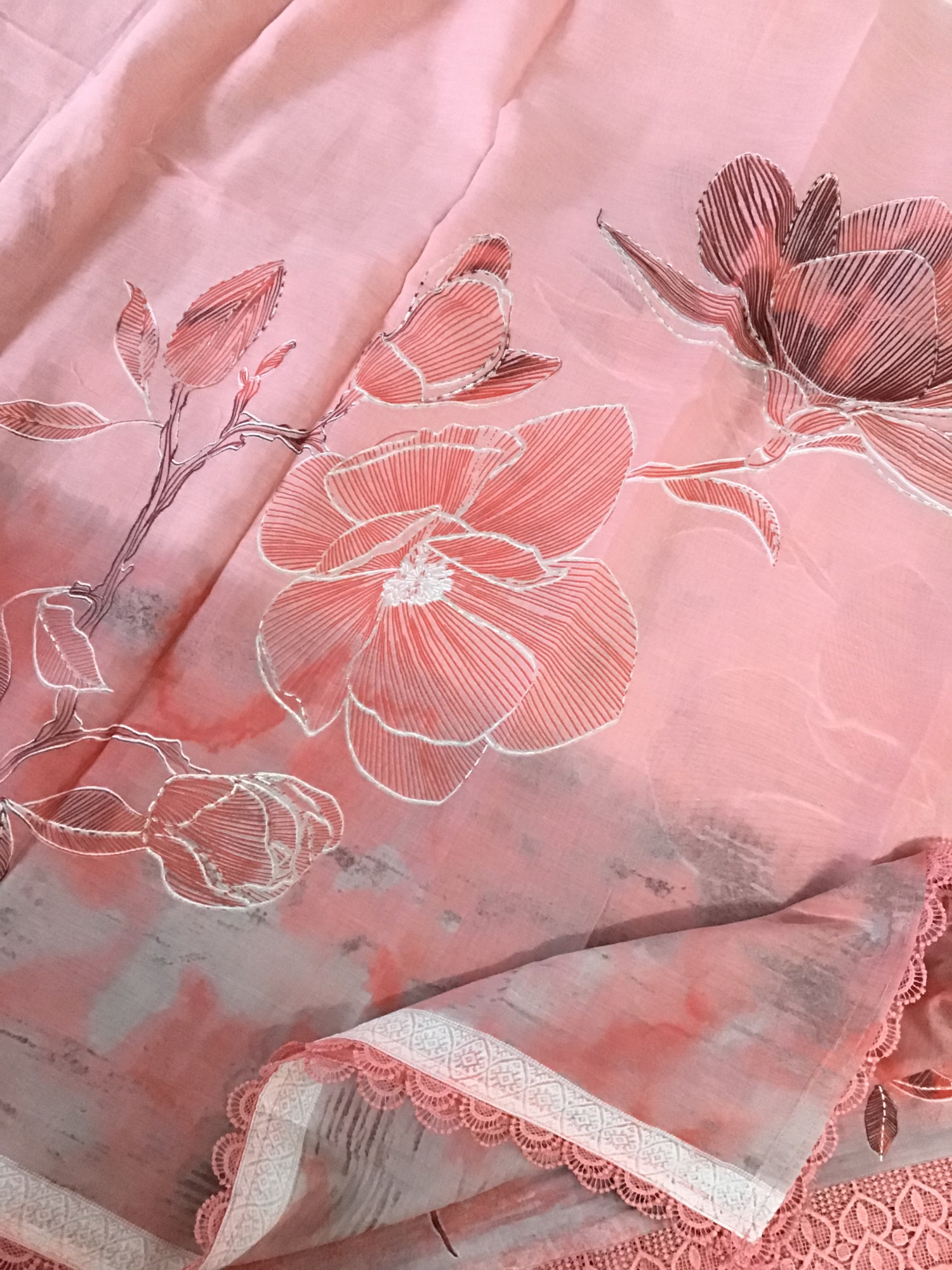 Pure lawn Cotton Printed Embroidered Suit - Peach