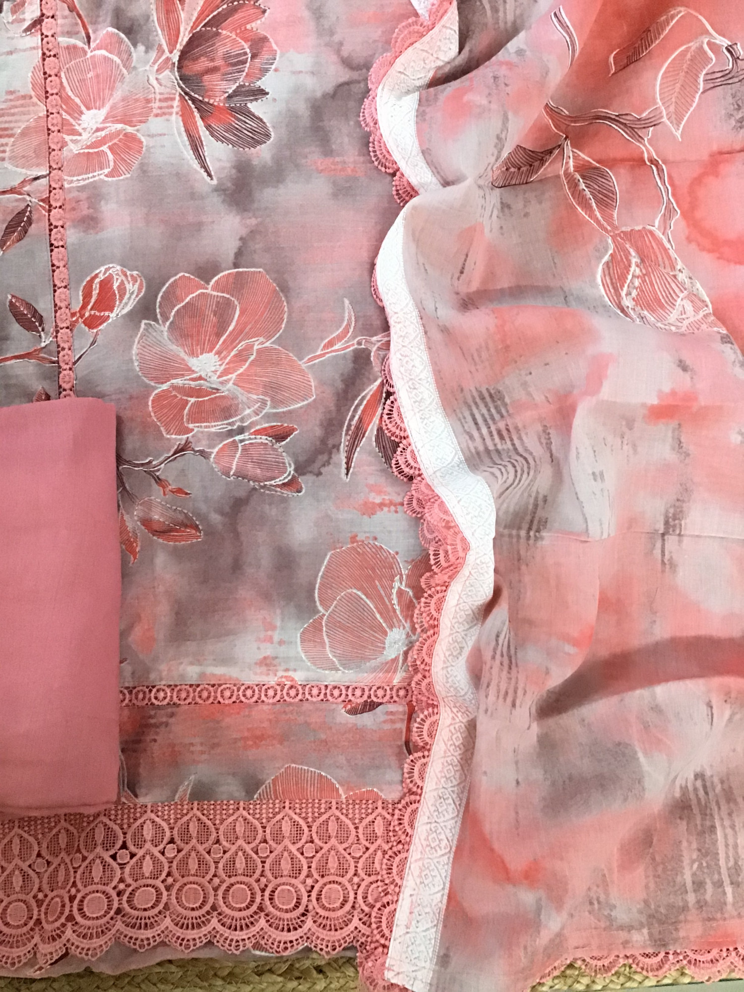 Pure lawn Cotton Printed Embroidered Suit - Peach