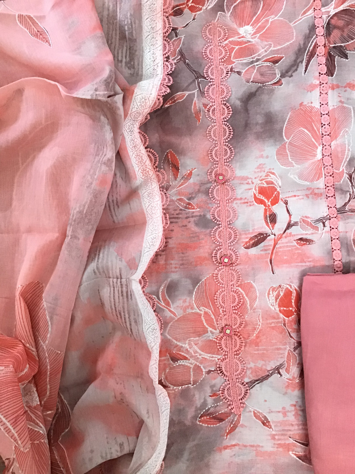 Pure lawn Cotton Printed Embroidered Suit - Peach