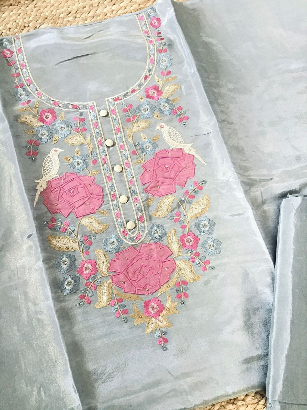 Soft Shimmer Silk Embroidered Suit - Grey