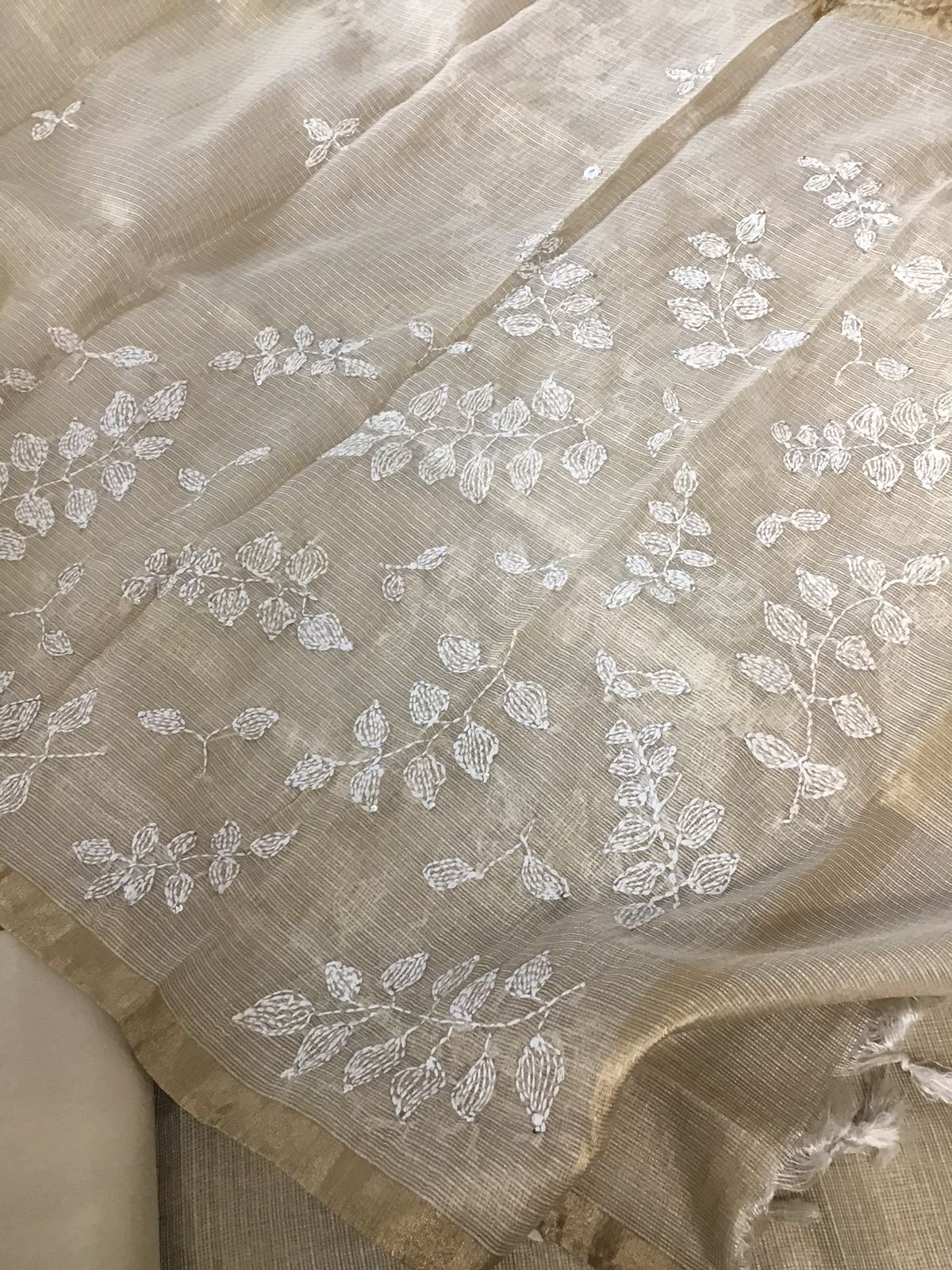 Pure Fine Tissue Kota Silk Embroidered Suit - Beige