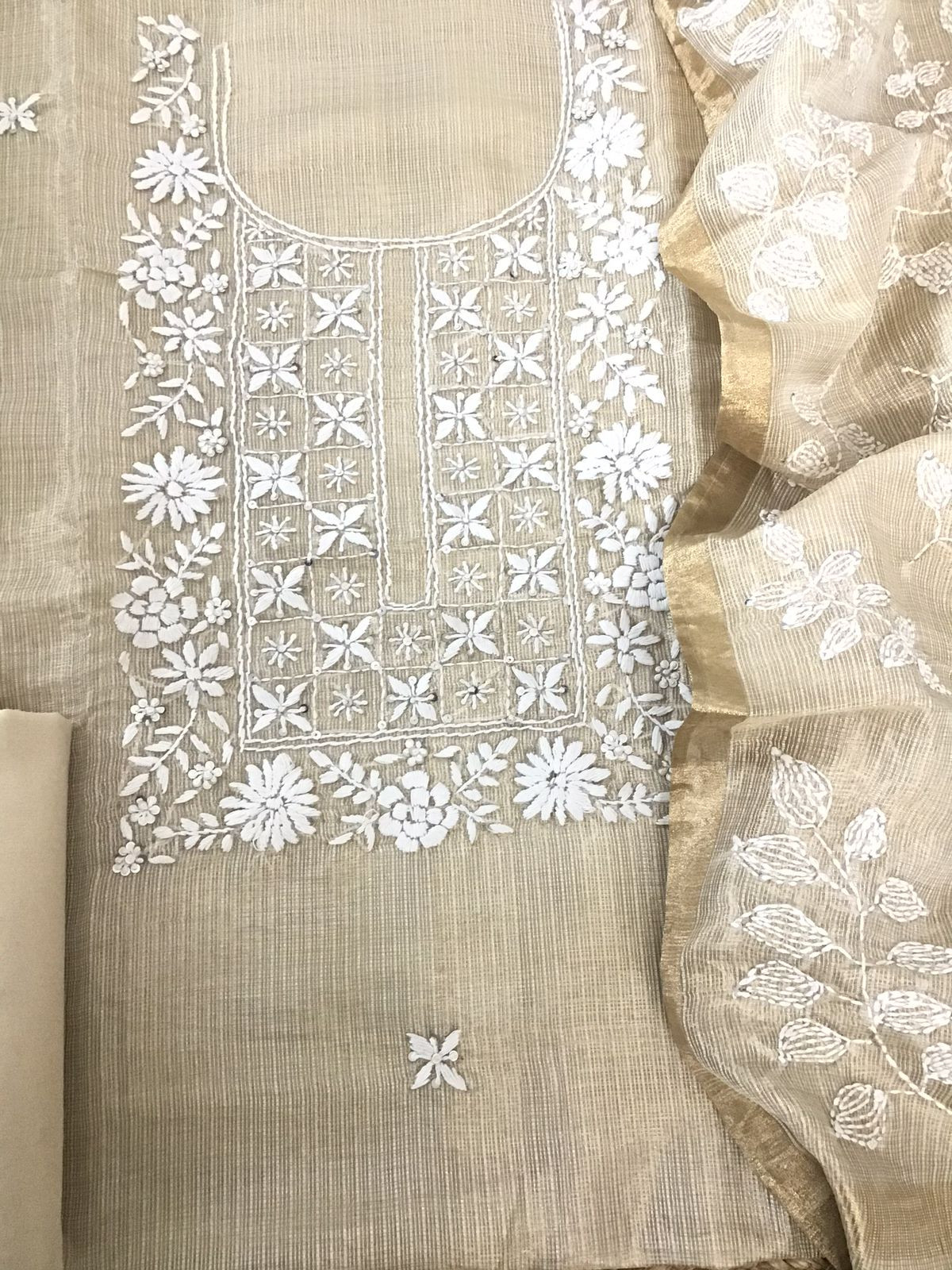 Pure Fine Tissue Kota Silk Embroidered Suit - Beige