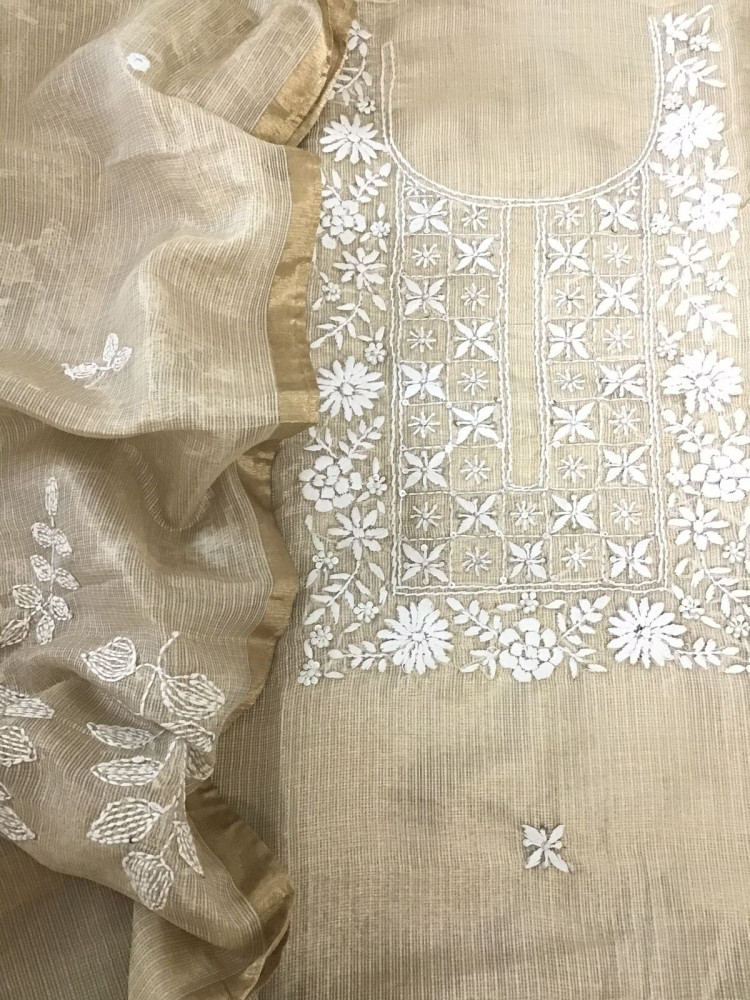 Image of Pure Fine Tissue Kota Silk Embroidered Suit - Beige