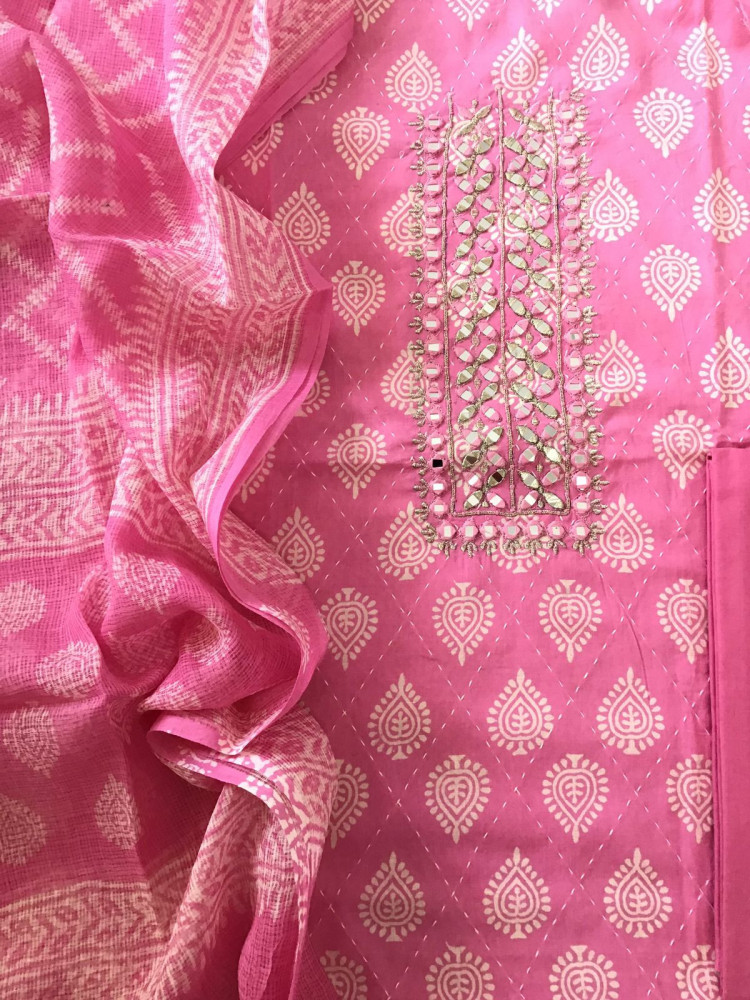 Image of Pure Cotton Printed Embroidered Suit - Pink