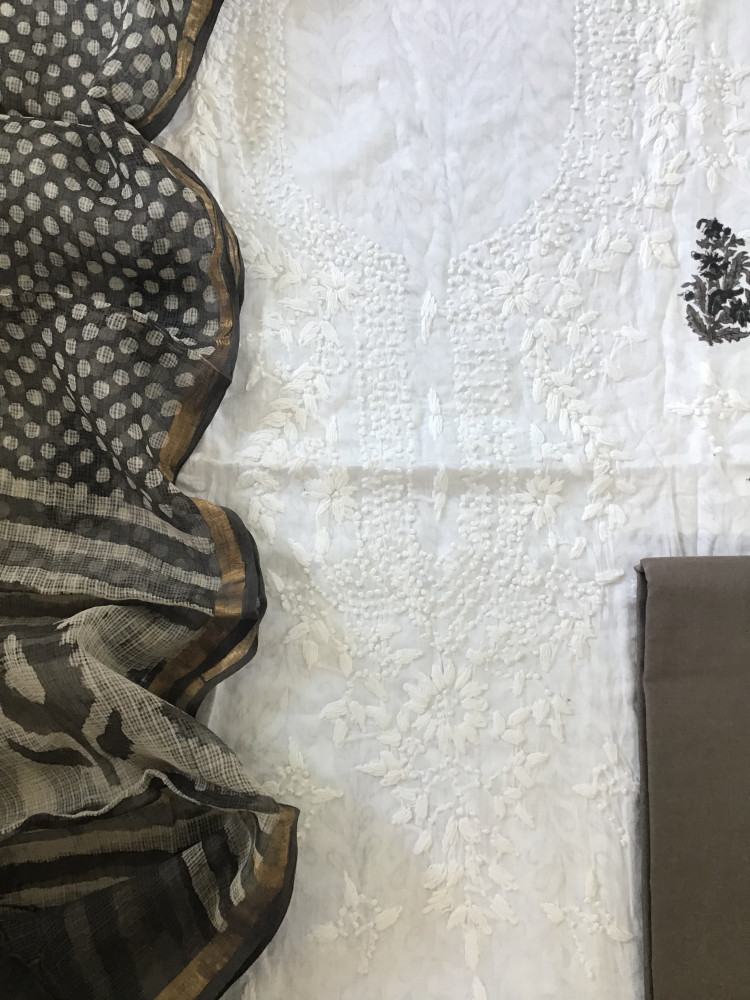 Image of Pure Cotton Printed Embroidered Suit - White