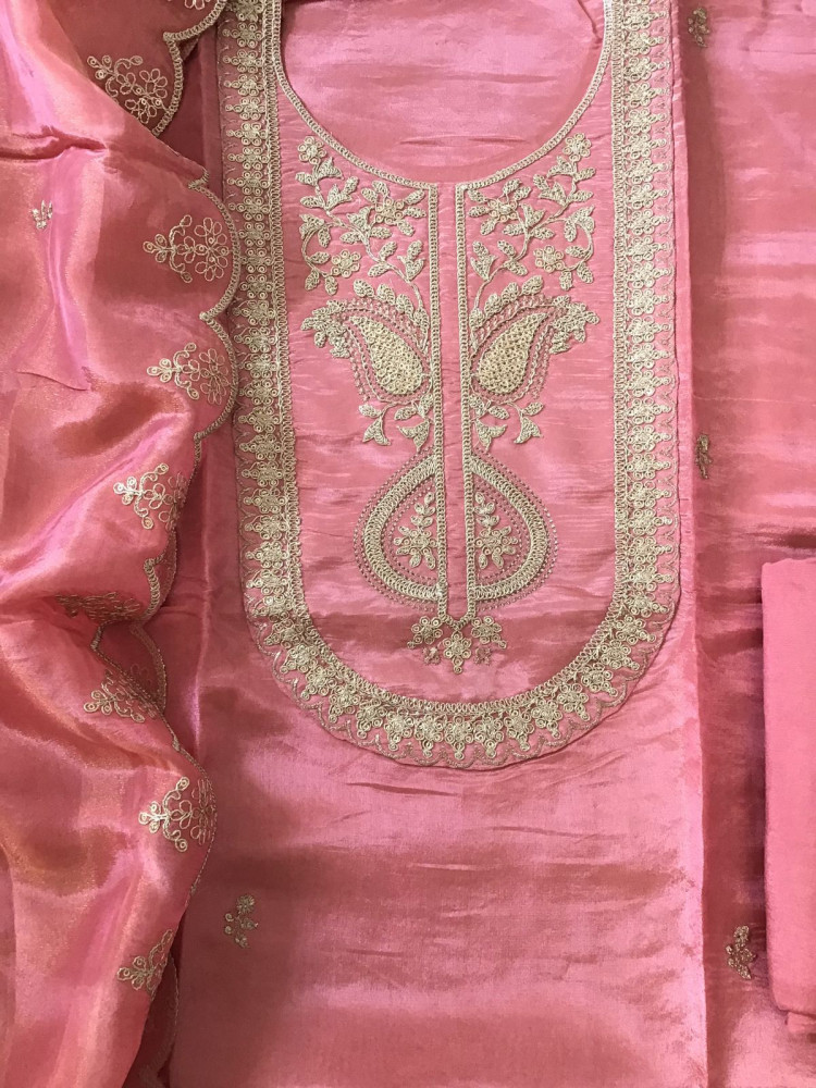 Image of Soft Shimmer Silk Embroidered Suit - Pink