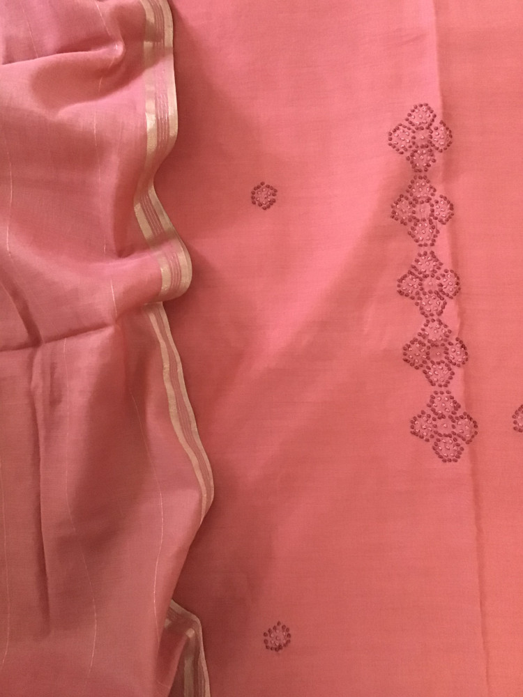 Image of Pure Chanderi Embroidered Suit - Peach