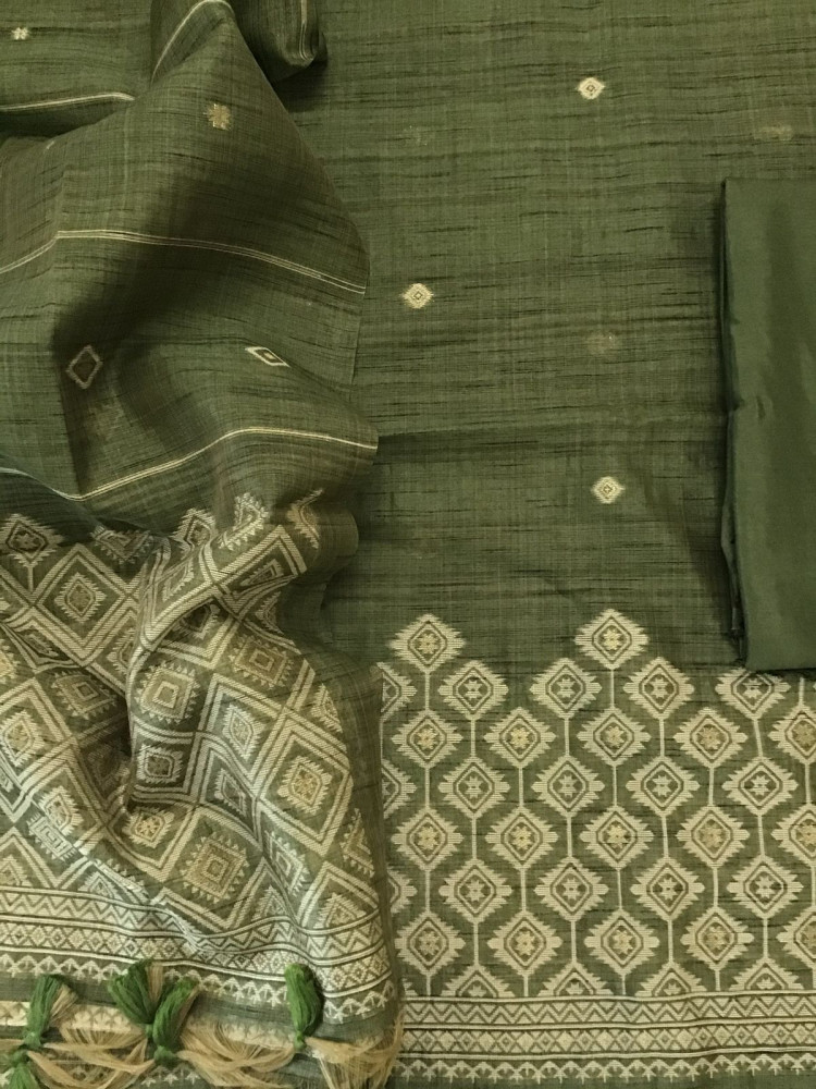Image of Soft Khadi Chanderi Jamdani Weaved Suit - Green