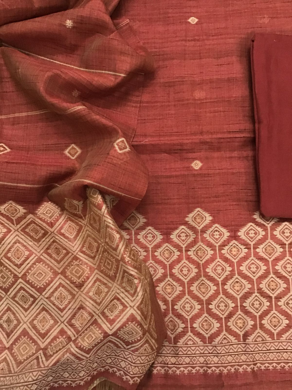Soft Khadi Chanderi Jamdani Weaved Suit - Dark Brick Red