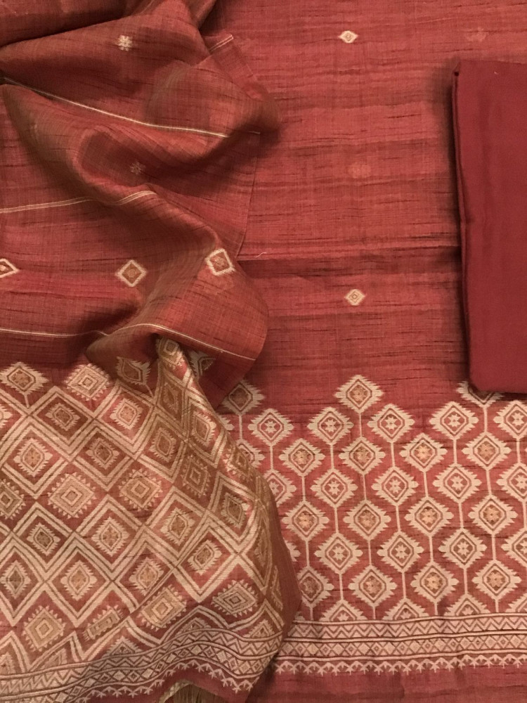 Image of Soft Khadi Chanderi Jamdani Weaved Suit - Dark Brick Red