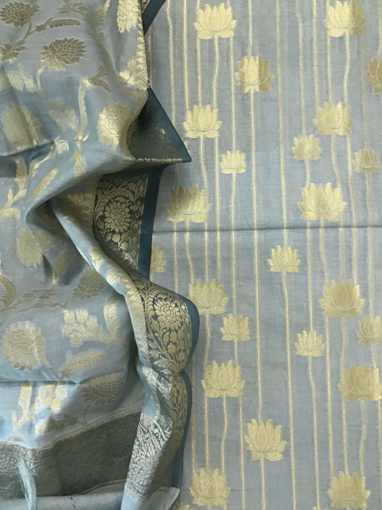 Image of Soft Chanderi Banarasi Weaved Suit - Grey