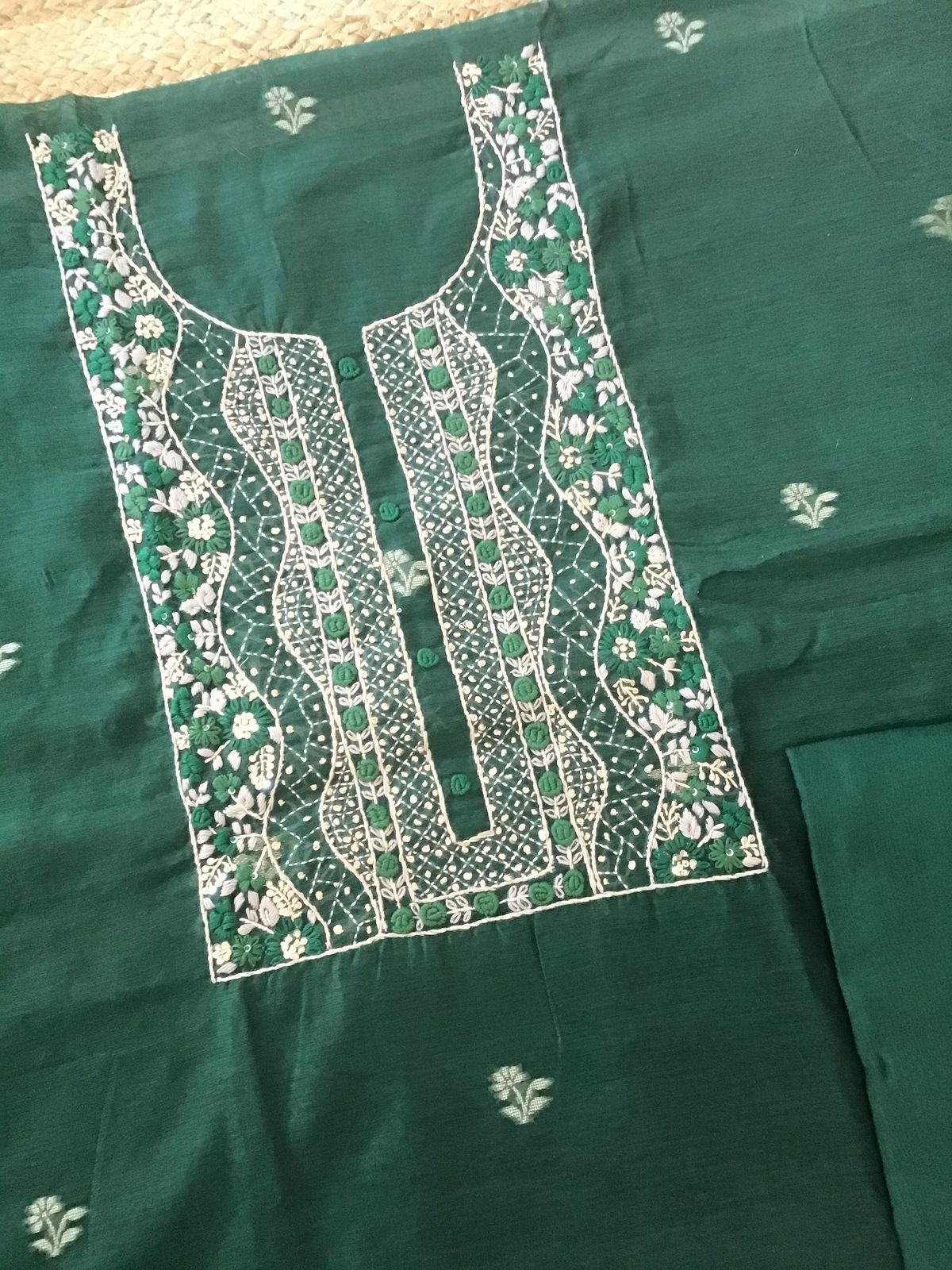 Soft Fine Slub Chanderi Jamdani Weaved Embroidered Suit - Green
