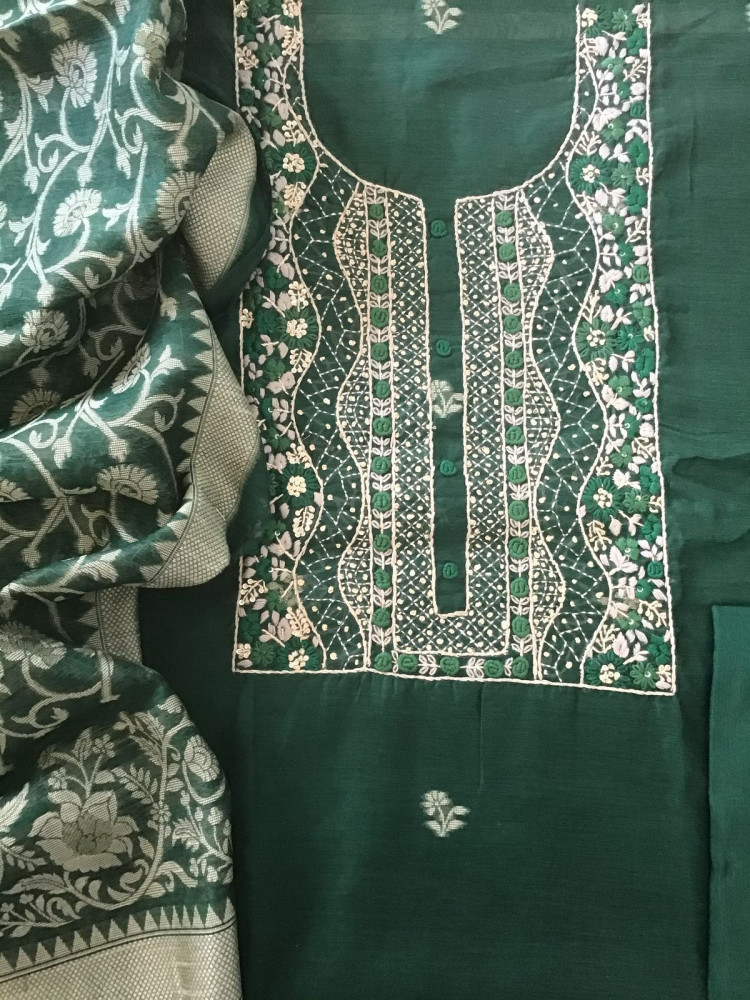 Image of Soft Fine Slub Chanderi Jamdani Weaved Embroidered Suit - Green