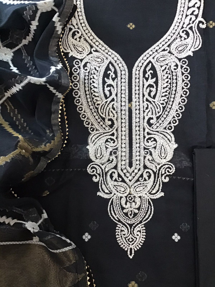 Image of Soft Slub Jamdani Weaved Chanderi Embroidered Suit - Black