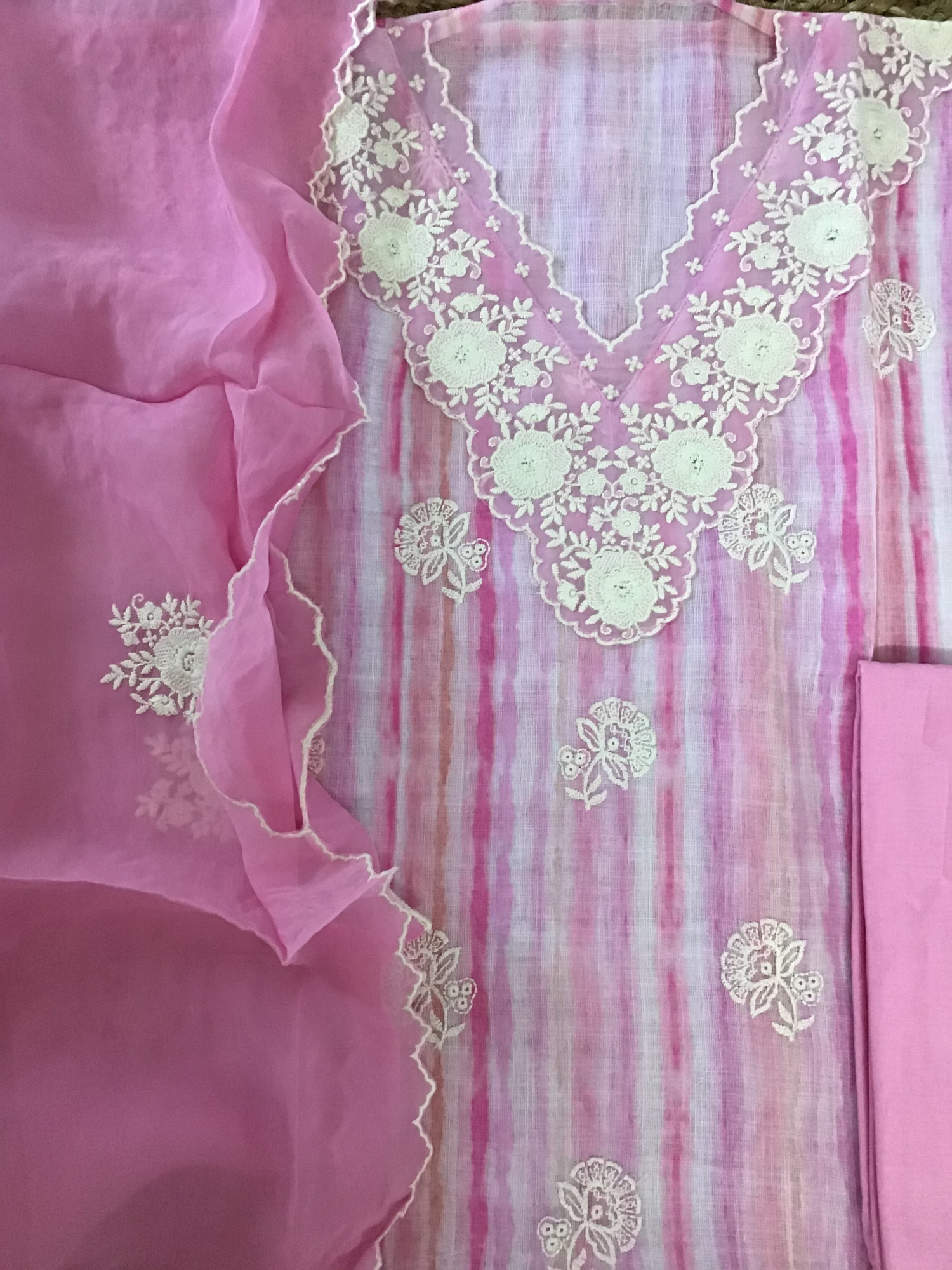 Soft Linen Jute Cotton Printed Embroidered Suit - Pink