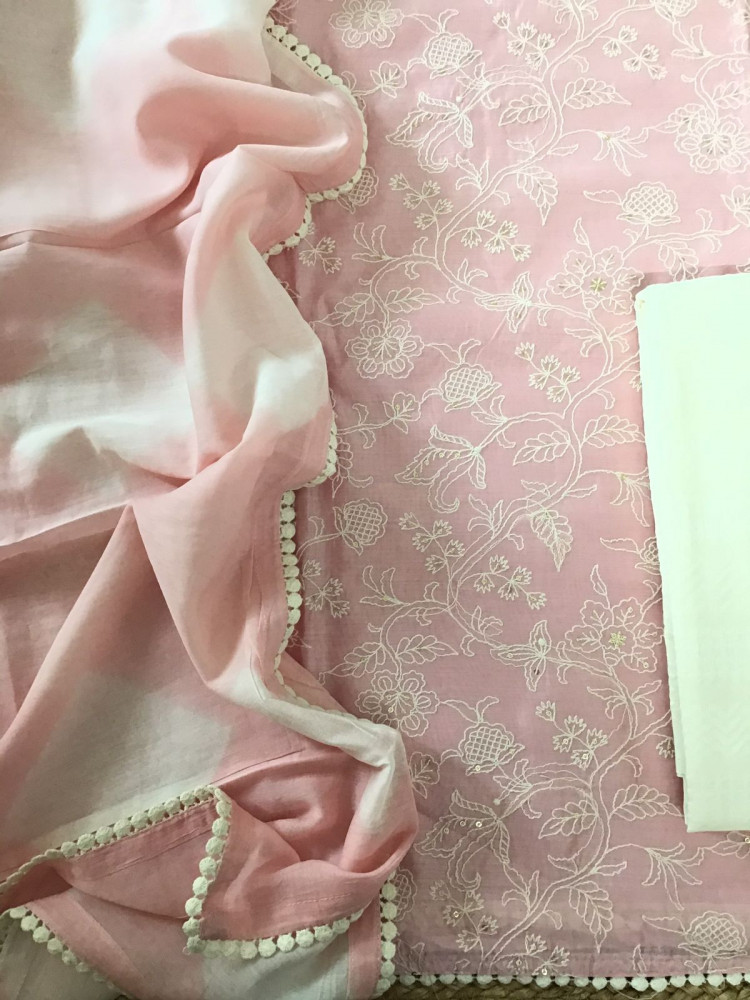 Image of Soft Chanderi Embroidered Suit - Pink