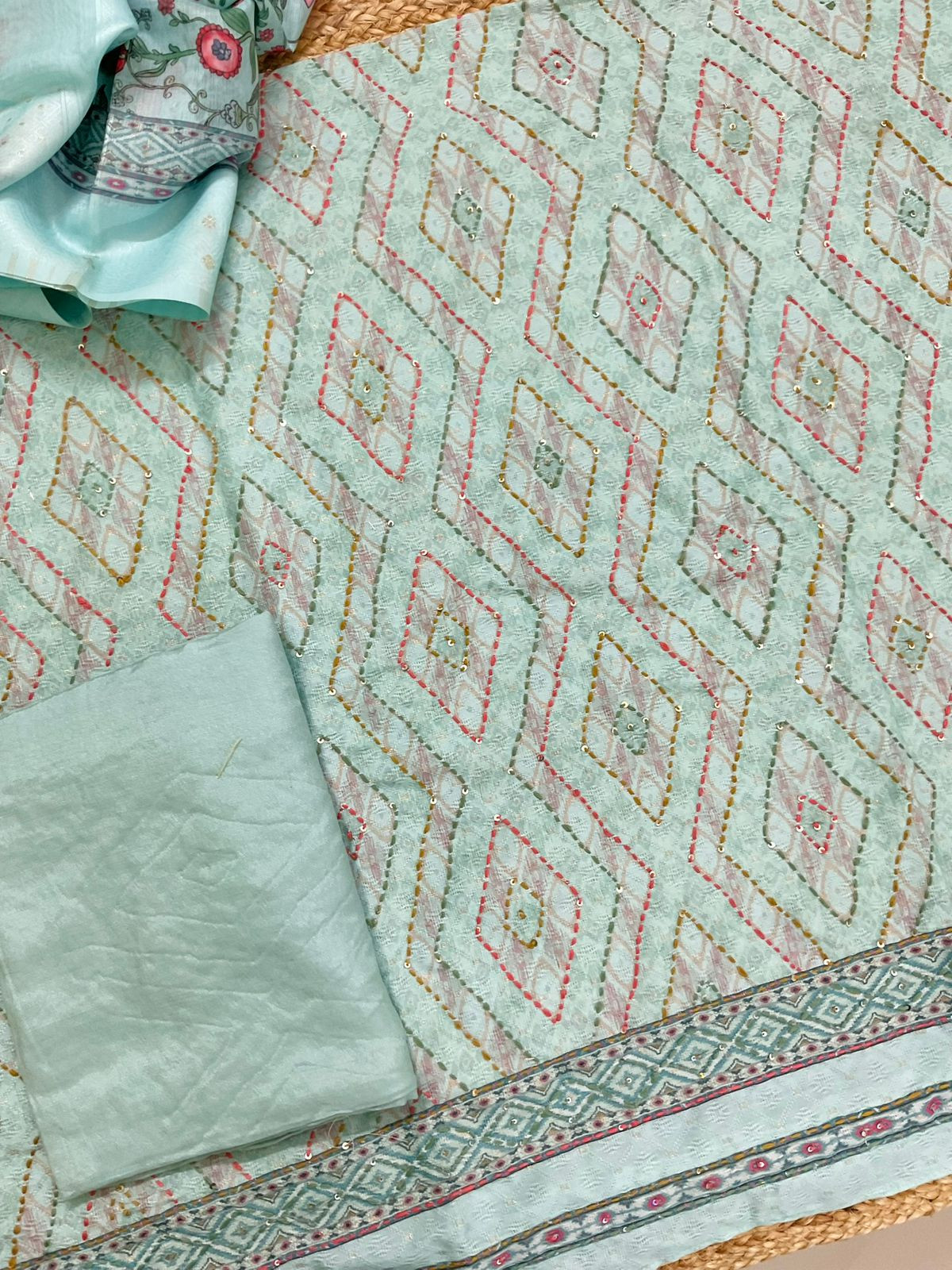 Soft Fine Cotton Silk Printed Self Weaved Embroidered Suit - Blue