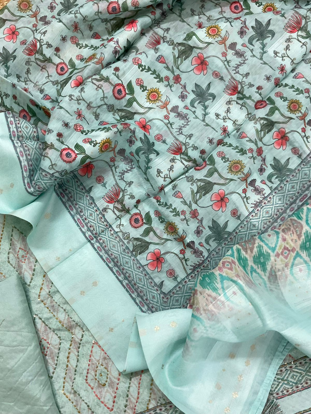 Soft Fine Cotton Silk Printed Self Weaved Embroidered Suit - Blue
