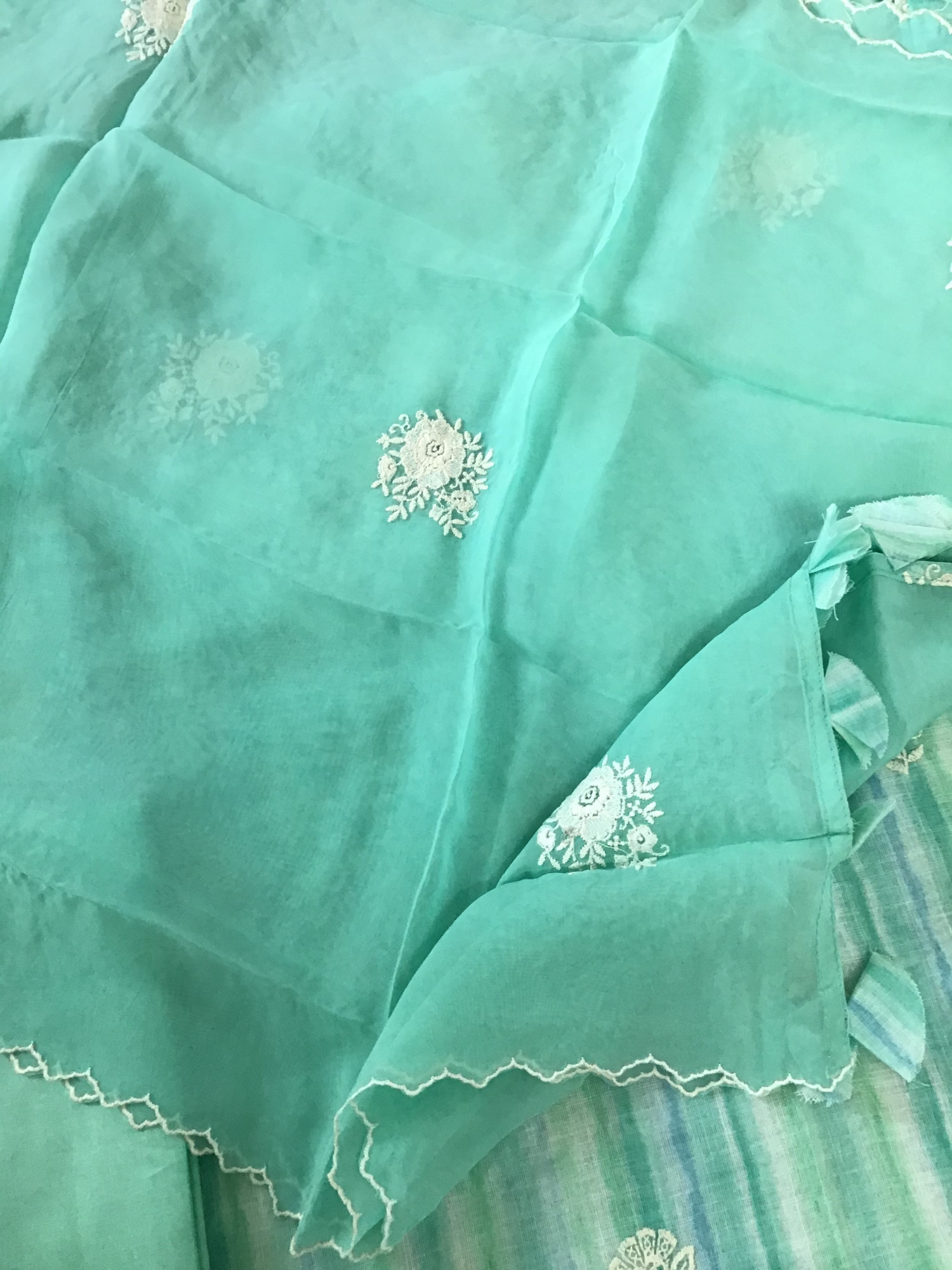 Soft linen Jute Cotton Printed Embroidered Suit - Blue