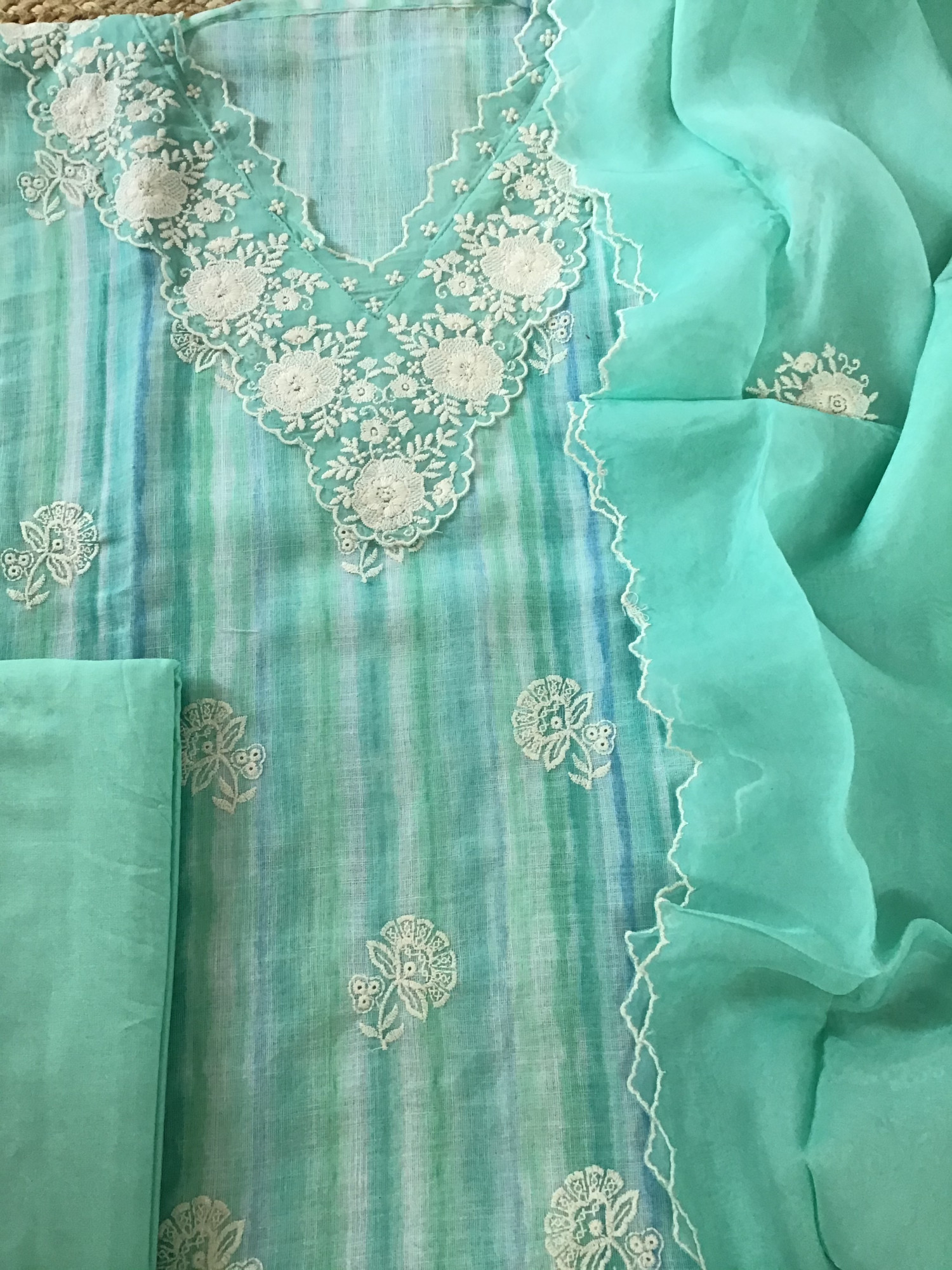 Soft linen Jute Cotton Printed Embroidered Suit - Blue