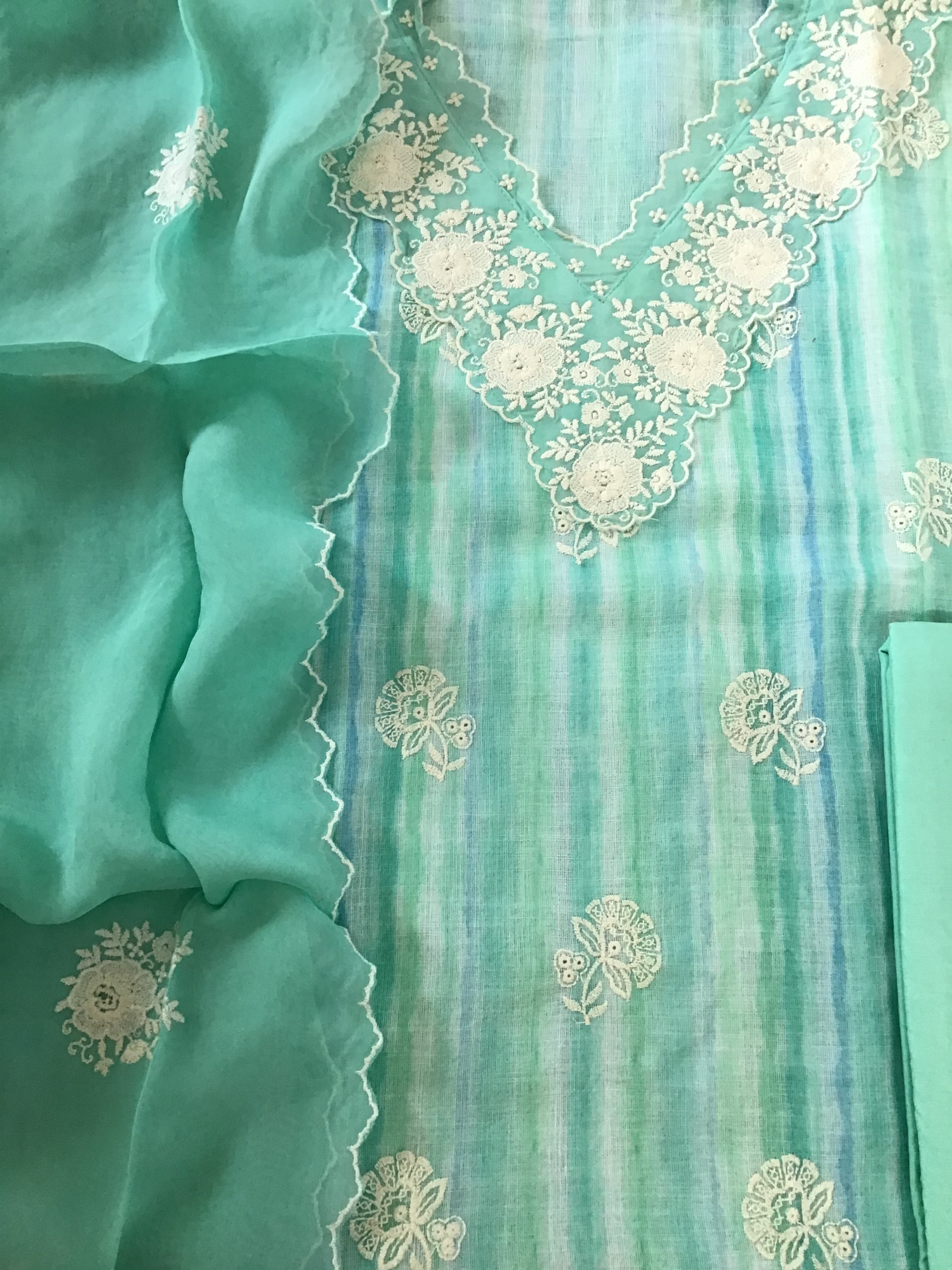 Soft linen Jute Cotton Printed Embroidered Suit - Blue