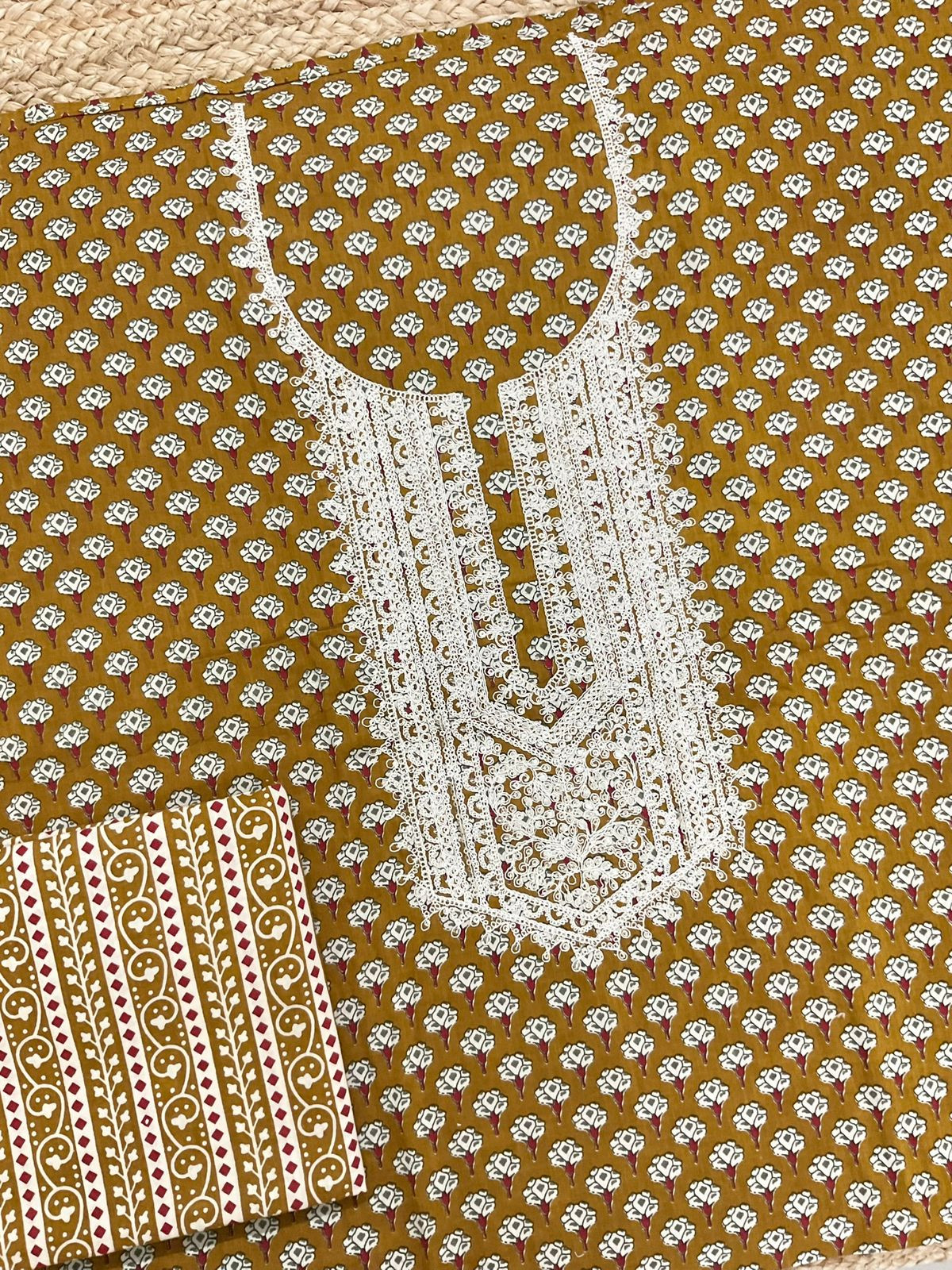 Pure Cotton Printed Embroidered Suit -Mustard