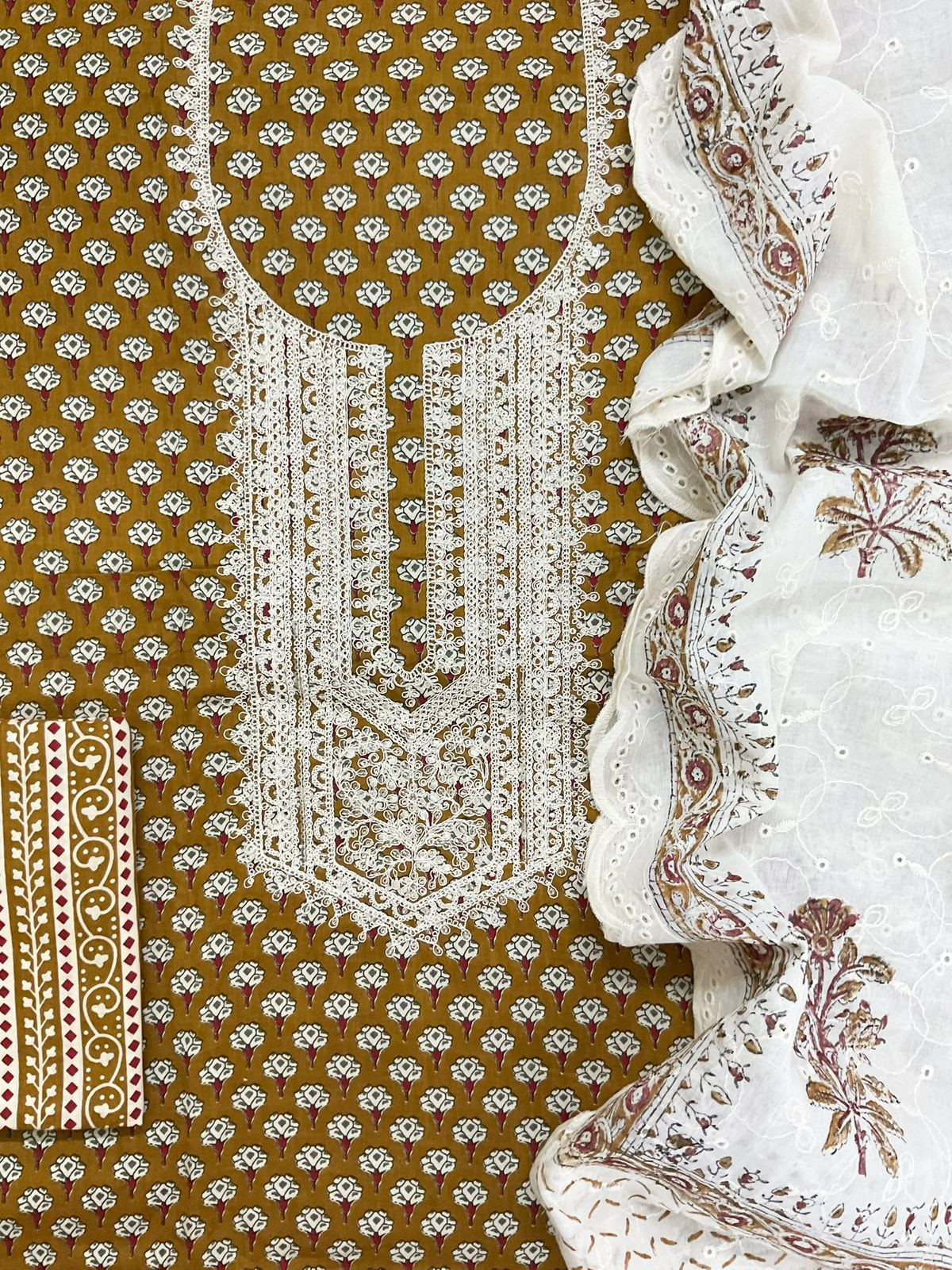 Pure Cotton Printed Embroidered Suit -Mustard