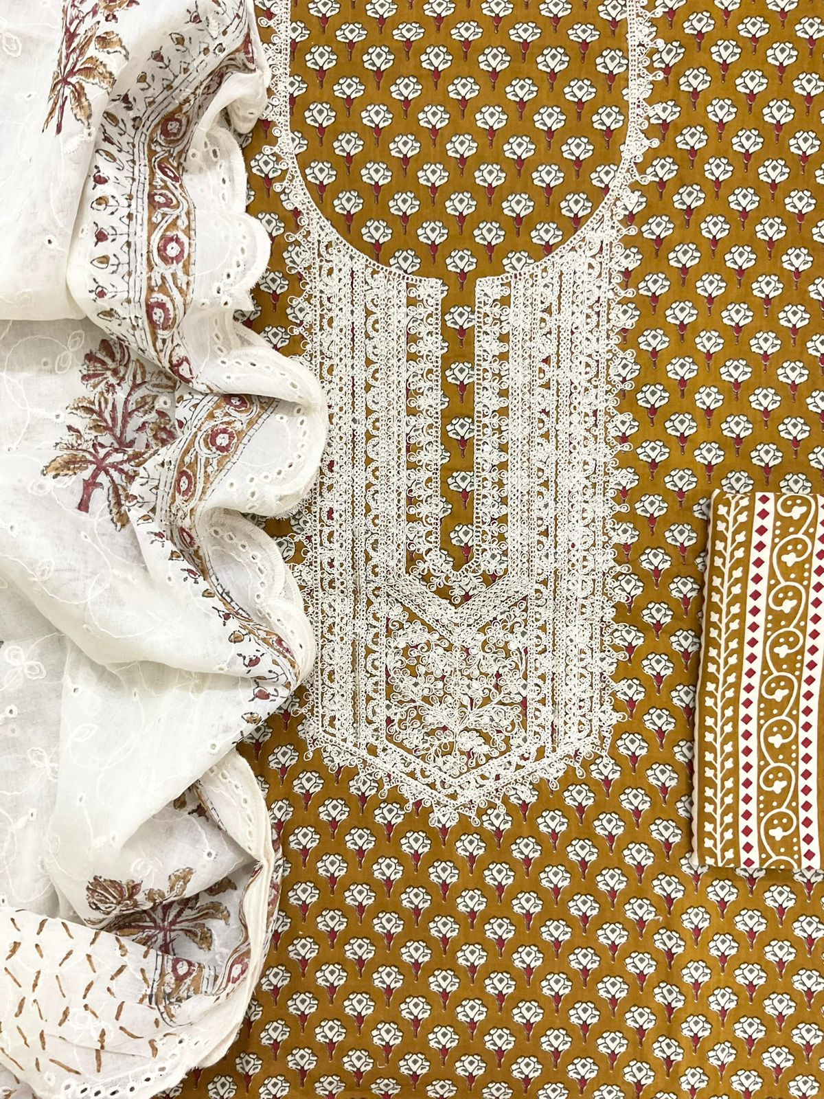 Pure Cotton Printed Embroidered Suit -Mustard