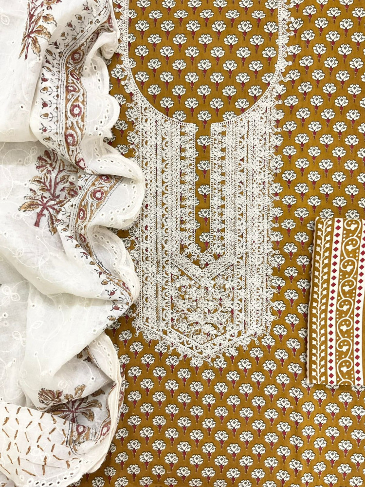 Image of Pure Cotton Printed Embroidered Suit -Mustard
