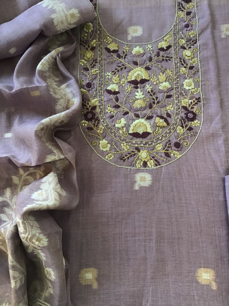 Image of Soft Fine Slub Chanderi Jamdani Weaved Embroidered Suit - Lavender