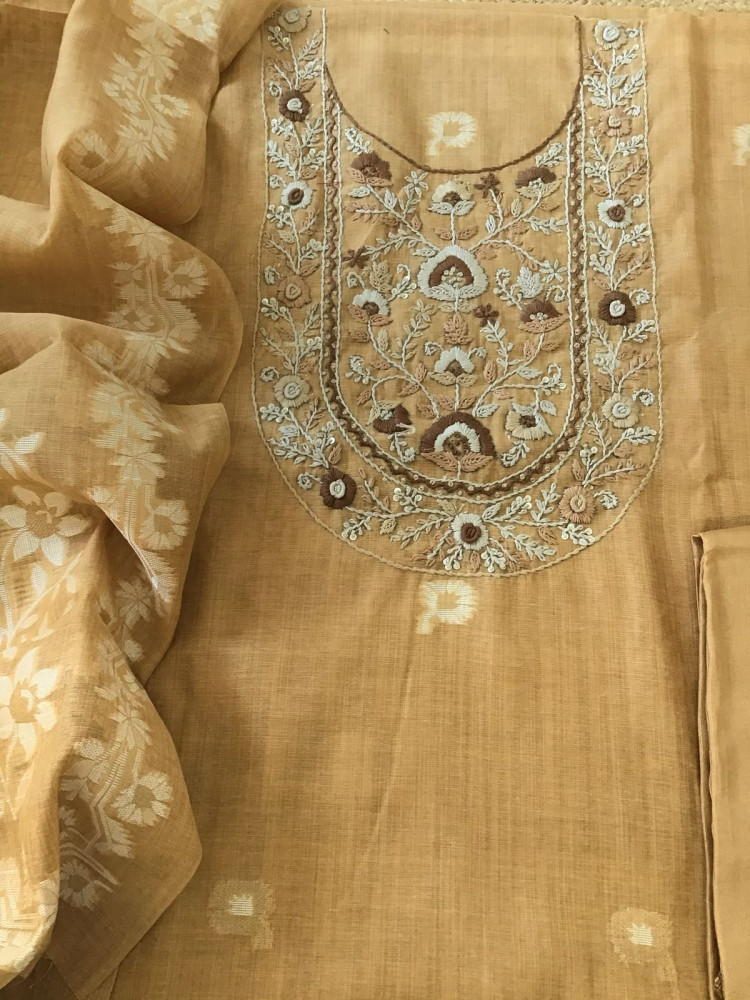 Image of Soft Fine Slub Chanderi Jamdani Weaved Embroidered Suit - Yellow