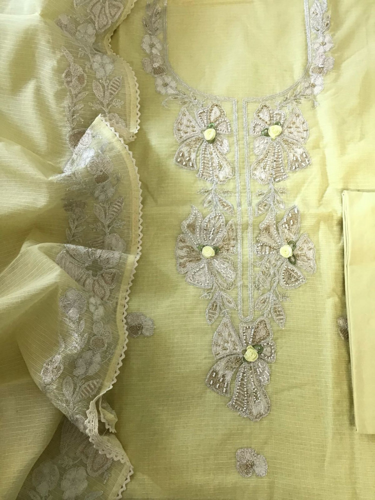 Image of Soft Kota Silk Embroidered Suit - Yellow