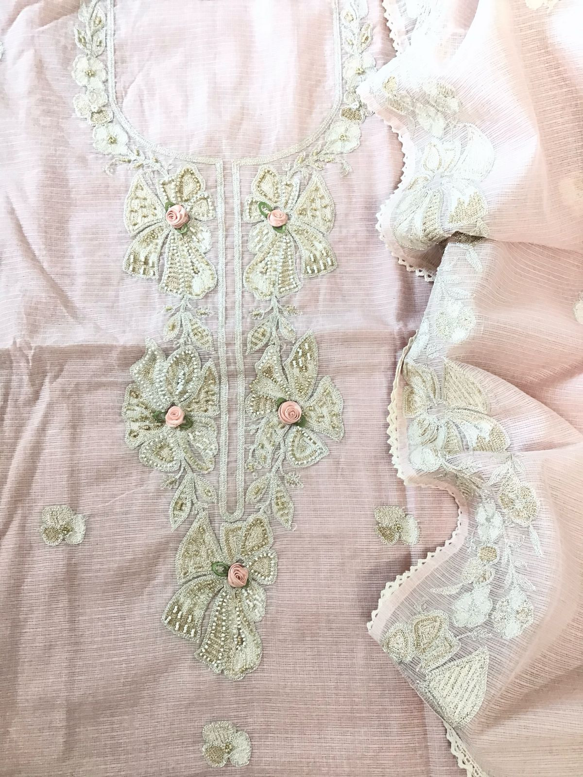 Soft Kota Silk Embroidered Suit - Pink