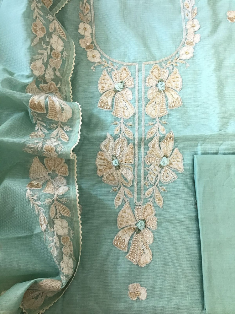 Image of Soft Kota Silk Embroidered Suit - Blue