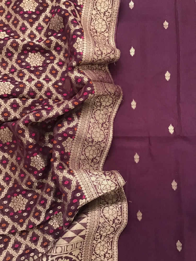 Image of Pure Chanderi Silk Banarasi Weaved Suit - Wine