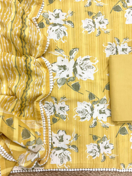 Image of Pure Cotton Printed Self Weaved Suit - Yellow