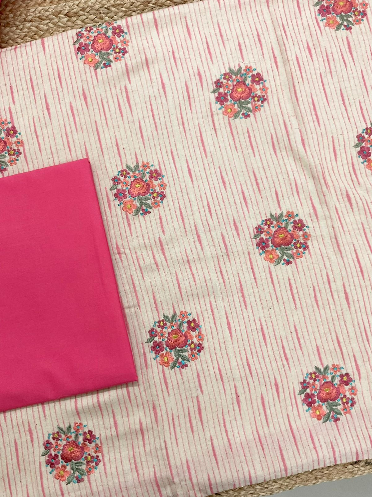 Pure Jute Cotton Printed Embroidered Suit - Pink