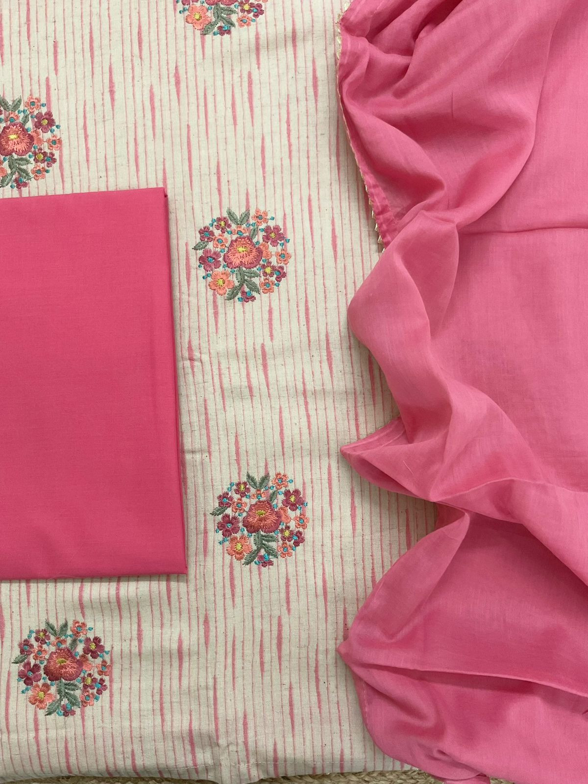 Pure Jute Cotton Printed Embroidered Suit - Pink
