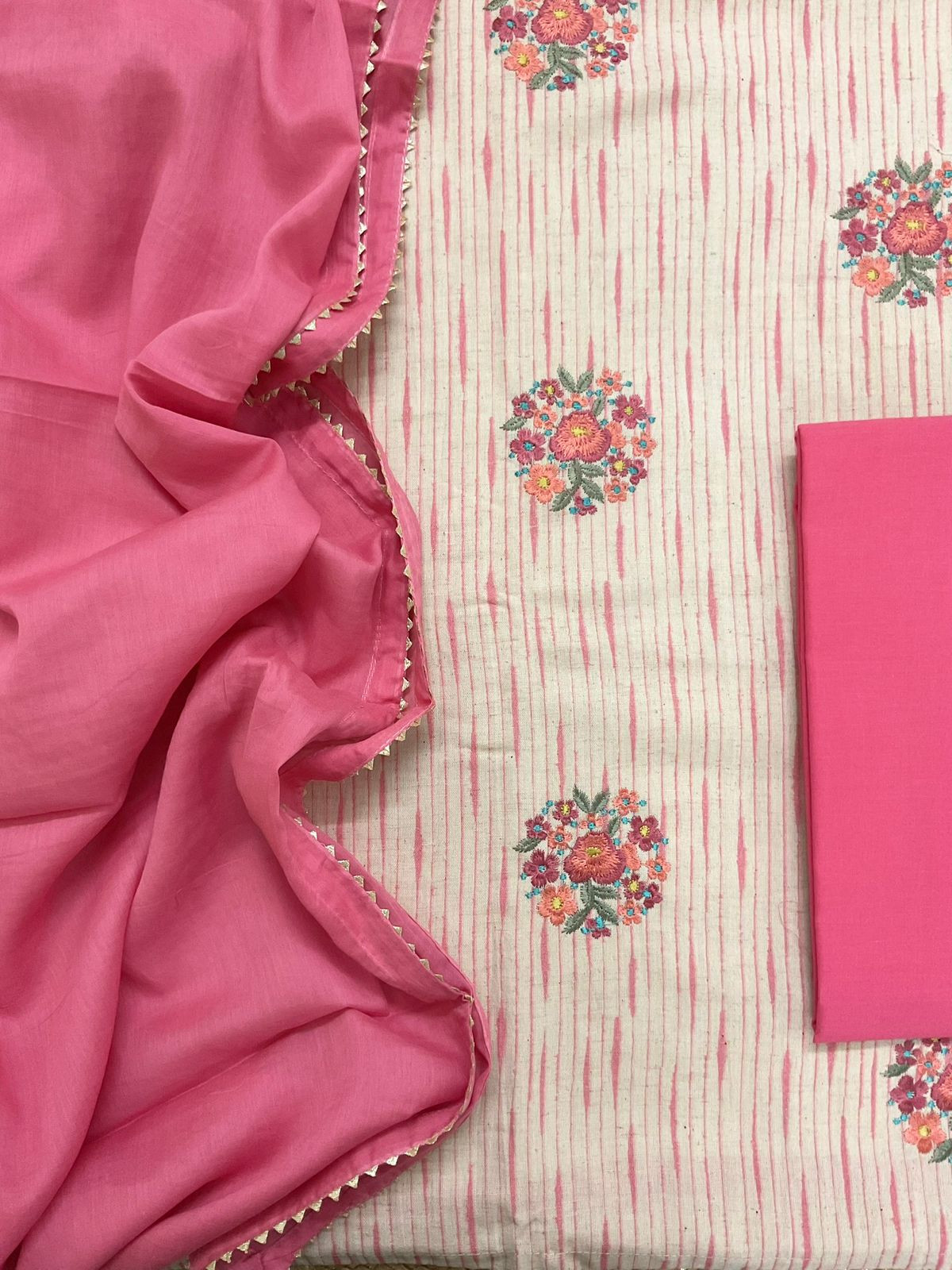 Pure Jute Cotton Printed Embroidered Suit - Pink