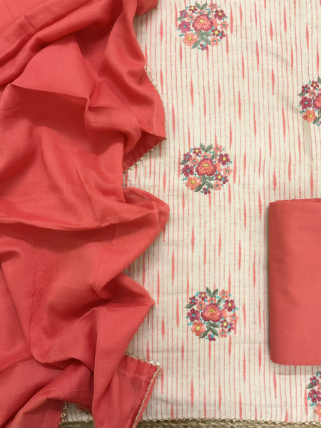 Image of Pure Jute Cotton Printed Embroidered Suit - Peach