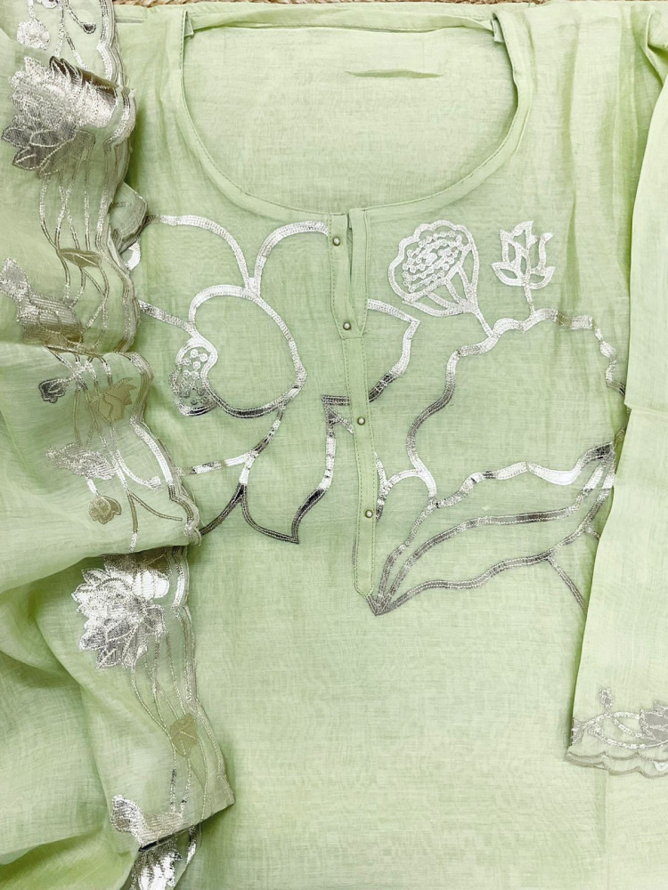 Image of Pure Mul Chanderi Embroidered Suit - Green