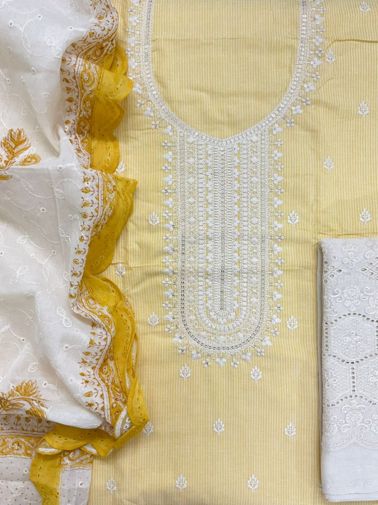 Image of Pure Handloom Cotton Self Weaved Printed Embroidered Suit - Yellow