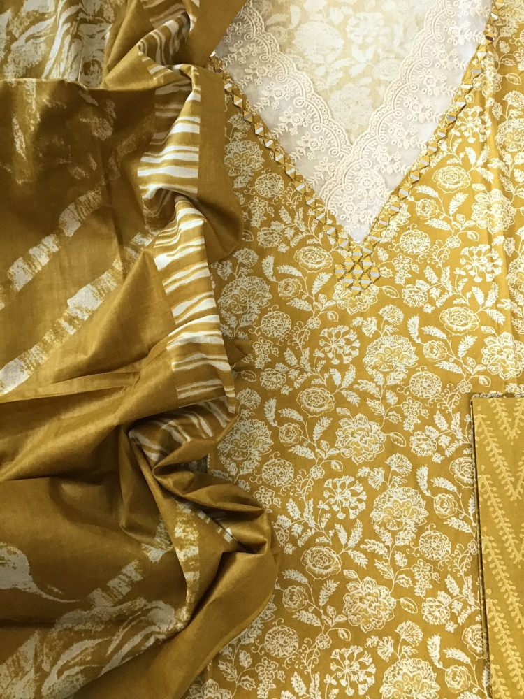 Image of Pure Cotton Printed Embroidered Suit - Yellow