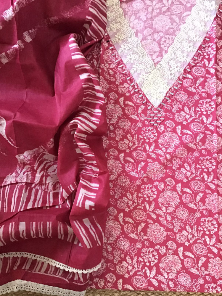 Image of Pure Cotton Printed Embroidered Suit - Pink