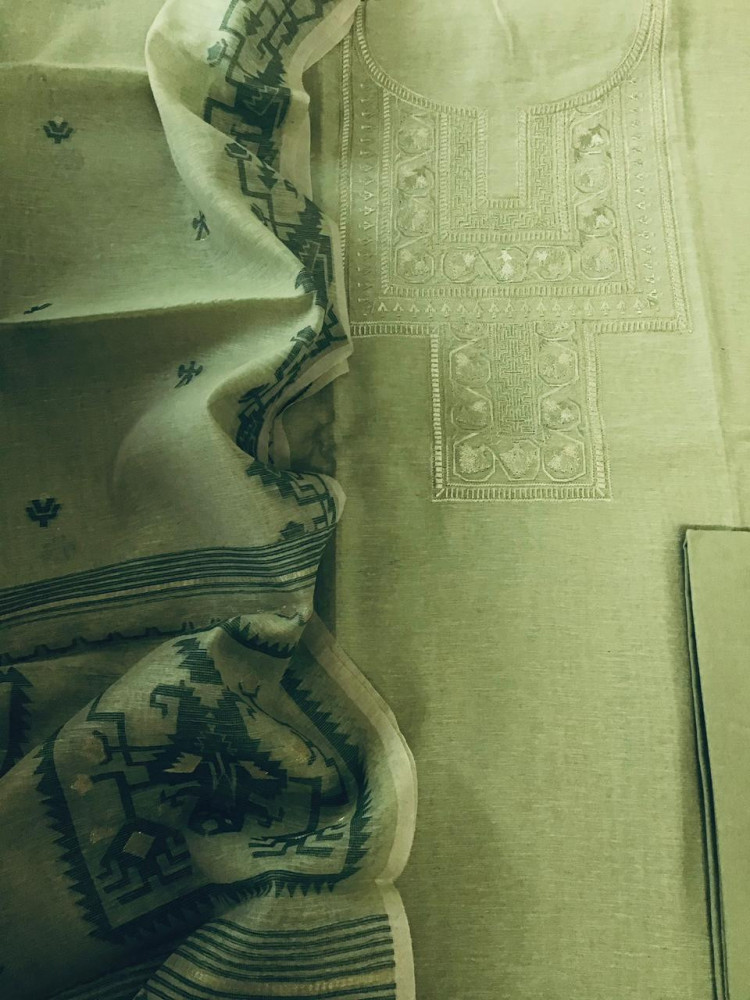 Image of Soft Slub Chanderi Jamdani Weaved Embroidered Suit - Green