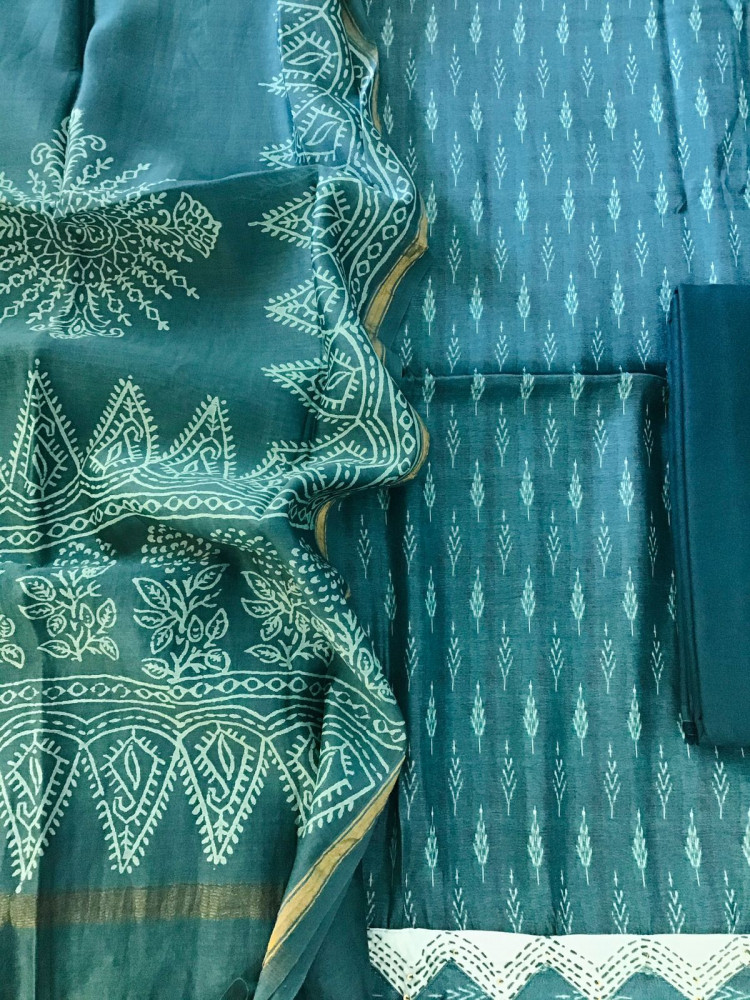 Image of Soft Kora Chanderi Printed Embroidered Suit - Green