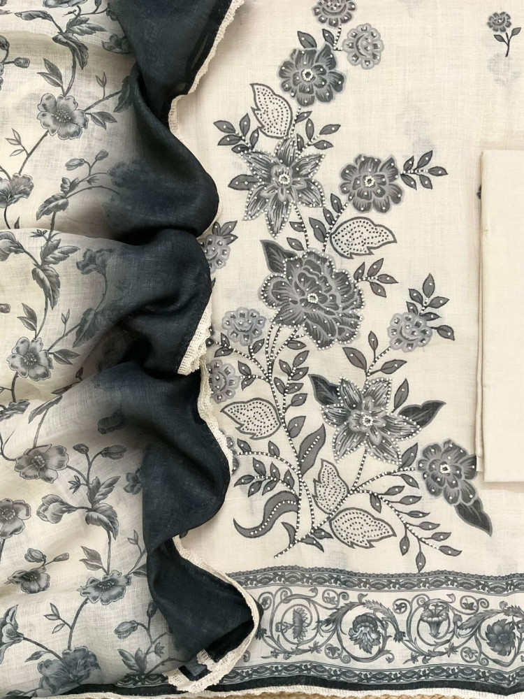 Image of Soft Fine Linen Jute Cotton Printed Embroidered Suit - Off White